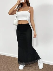 SHEIN EZwear Chất rắn Ren Mộc nhĩ Nàng tiên cá Hem Lưới Váy - màu đen - Xem 5