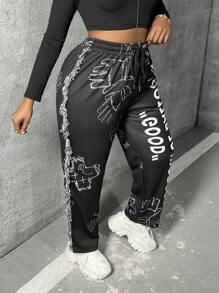 Slaydiva Plus Hand & Letter Graphic Raw Trim Drawstring Waist Sweatpants - Black - View 2