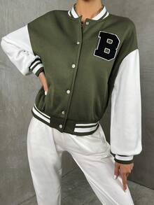 SHEIN Unity 撞色字母贴片前扣休闲长袖夹克 - 彩色 - 查看 4