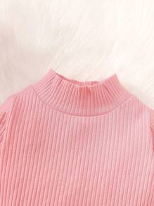 SHEIN Vintaside Kids Baby Girl Mock Neck Tee & Plaid Ruffle Trim Bow Front Overall Jumpsuit, For Christmas - Multicolor - View 6