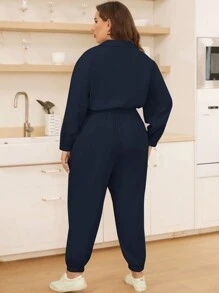 SHEIN Essnce Plus Flap Detail Elastic Waist Shirt Jumpsuit - Navy Blue - View 2