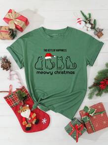 SHEIN EZwear Cat And Slogan Graphic Tee - Green - View 1