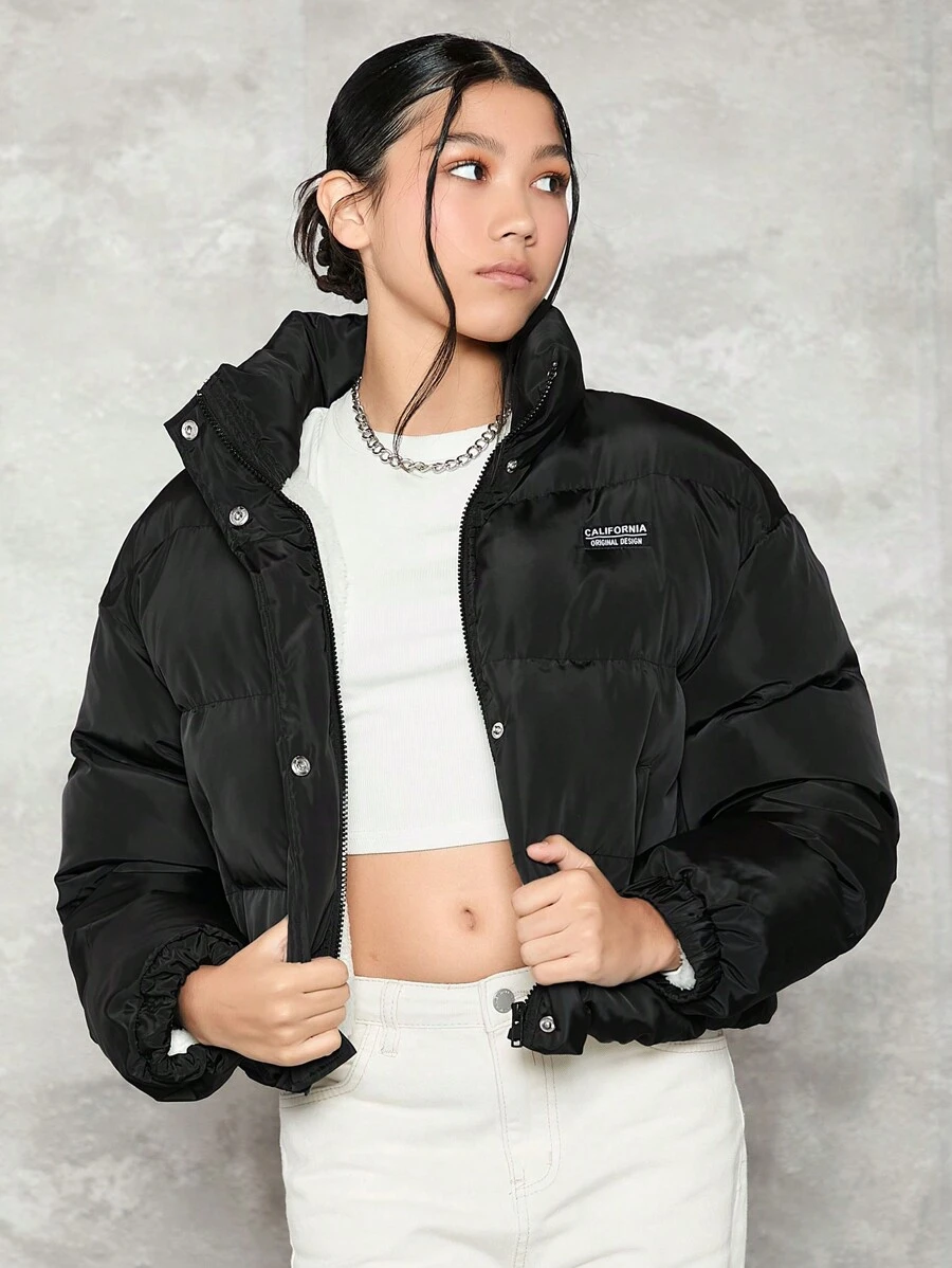 SHEIN 少女字母拼接落肩衬垫大衣 - 黑色 - 查看 1