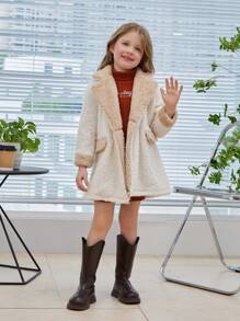 SHEIN 女小童西裝領雙排釦絨毛外套 - 白色 - 查看 4