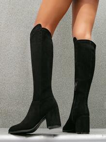 Đúng mốt Của phụ nữ Đen Dày Gót chân Dây kéo bên Vượt lên đầu gối Giày ống - màu đen - Xem 4