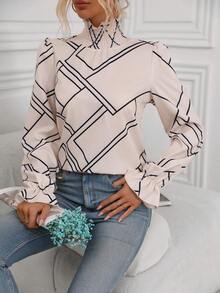 SHEIN Unity In Địa lý Tay áo loe Cổ giả Áo sơ mi - Màu be - Xem 4