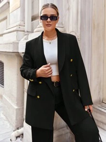 EURMUSE Plus Shawl Collar Double Breasted Blazer & Pants - Black - View 5