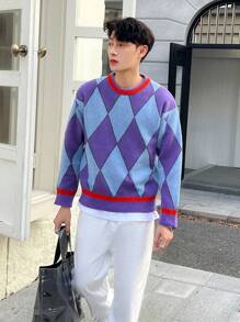 Claim Dot Men 1pc Argyle Pattern Drop Shoulder Sweater - Multicolor - View 5