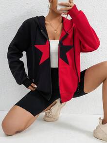 SHEIN EZwear 星星印花拉鍊開衫下垂肩抽繩連帽衫 - 黑色 - 查看 3