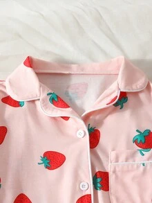SHEIN Cô gái Tween In Dâu tây Nút phía trước Áo sơ mi & Quần Bộ PJ - Hồng - Xem 4
