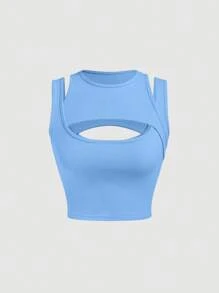 SHEIN MOD 鏤空條紋針織背心上衣 - 藍色 - 查看 1