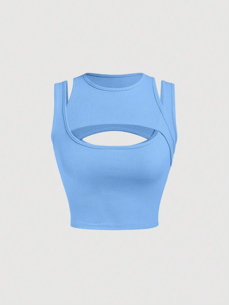 SHEIN MOD 鏤空條紋針織背心上衣 - 藍色 - 查看 1