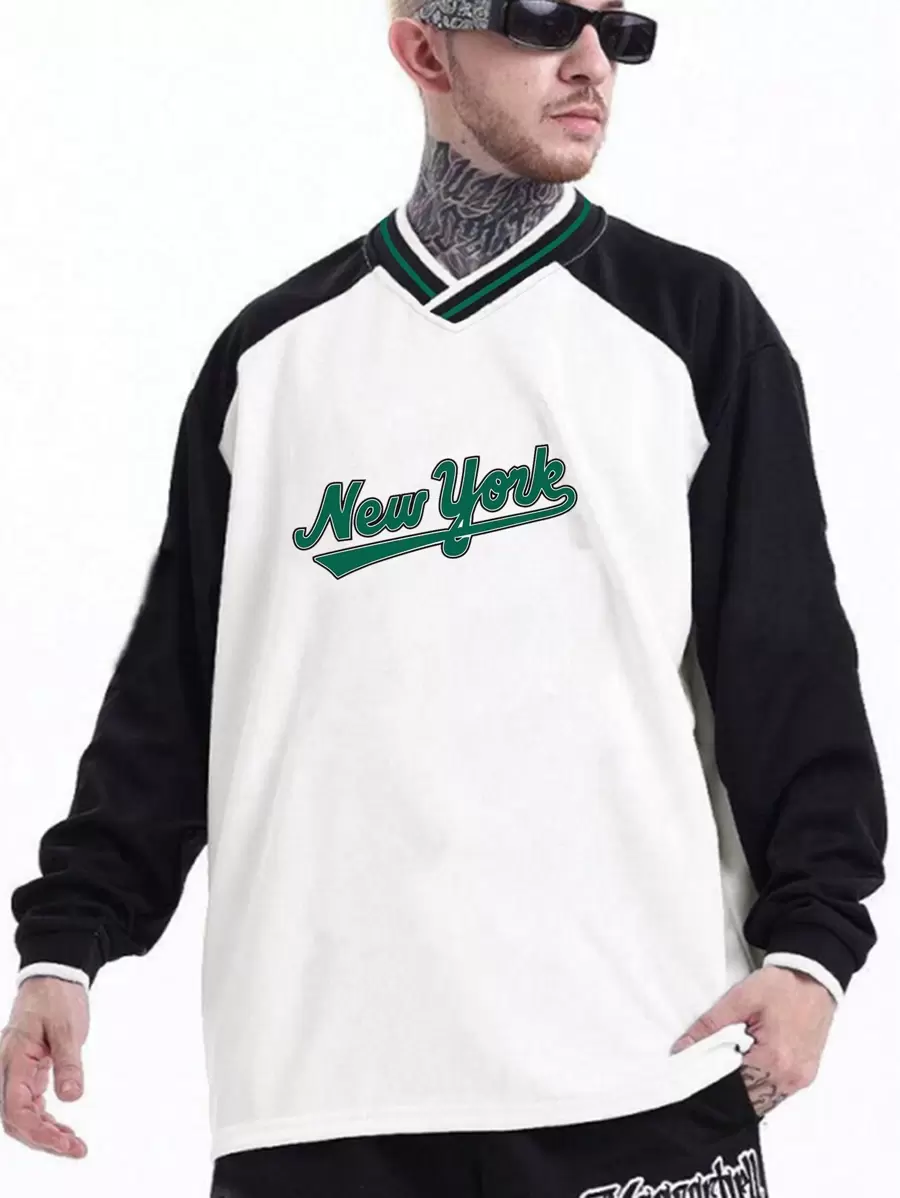 Manfinity Hypemode Men Letter Graphic Raglan Sleeve Sweatshirt - Black and White - View 1