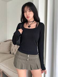 SHEINNeu 素色不對稱領T恤 - 黑色 - 查看 4