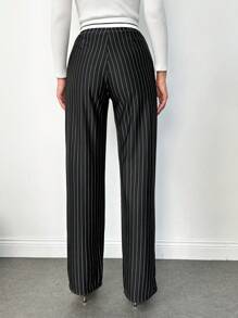 SHEIN Cottnline Striped Print Slant Pocket Straight Leg Suit Pants - Black - View 2