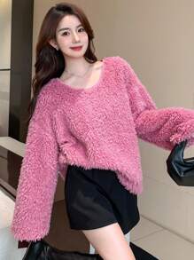 DAZY Solid Drop Shoulder Oversized Fluffy Knit Tee - Pink - View 1