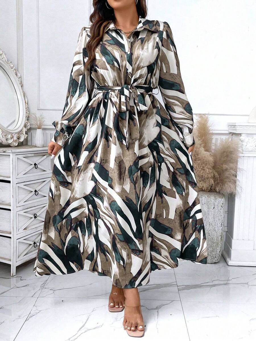 Celure Plus Allover Print Belted Shirt Dress Women Outfit Fall Cloth For Women