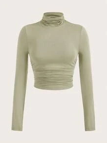 SHEIN EZwear Solid High Neck Ruched Tee - Olive Green - View 1