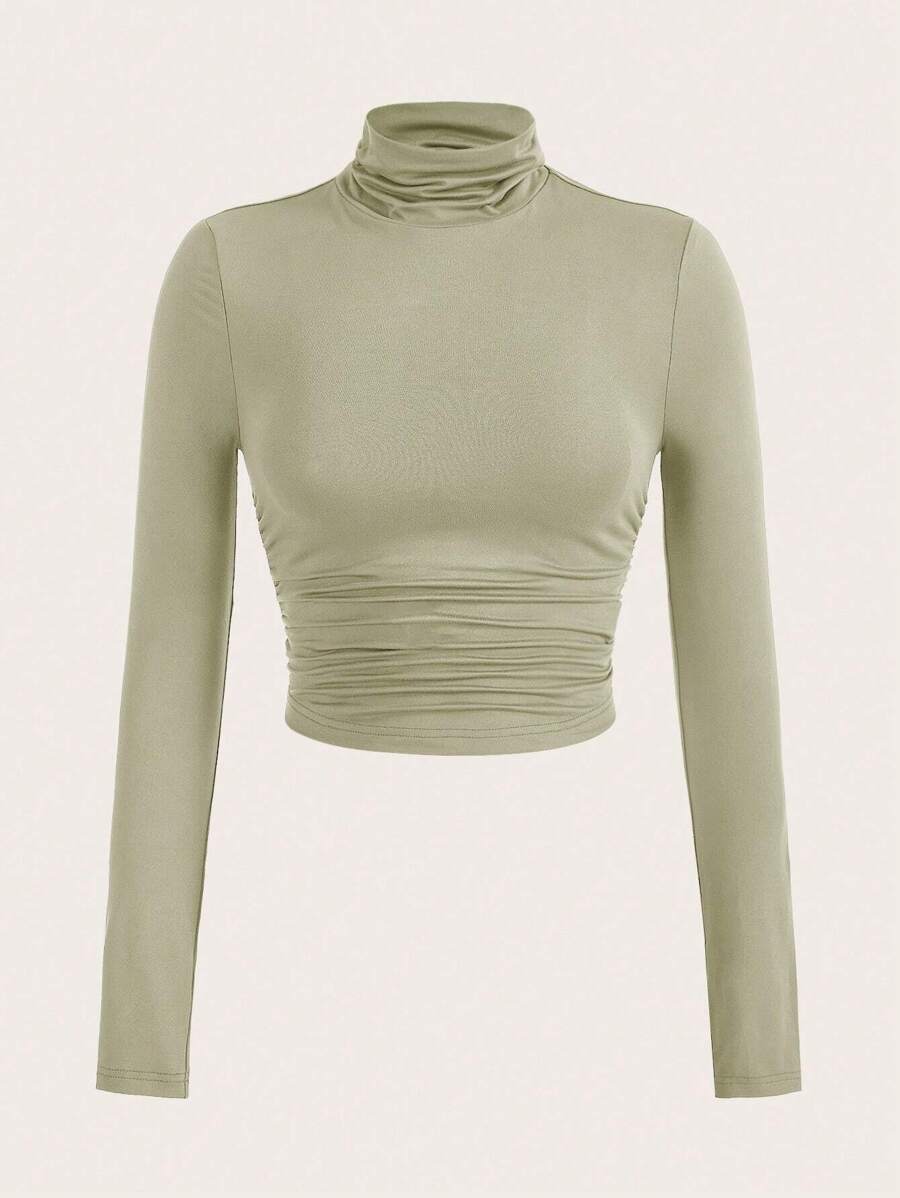 SHEIN EZwear Solid High Neck Ruched Tee - Olive Green - View 1