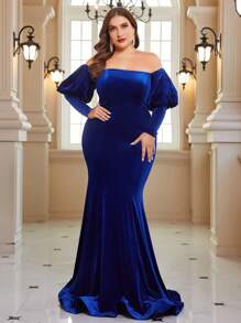 SHEIN Belle 大碼晚宴禮服裙（重工款） - 藍色 - 查看 3