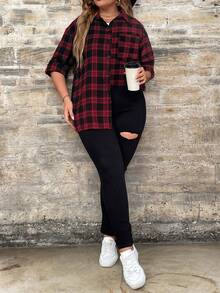 SHEIN LUNE Plus Plaid Print Drop Shoulder Blouse - Multicolor - View 5