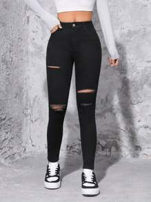 SHEIN PETITE 高腰破洞緊身牛仔褲 - 黑色 - 查看 1