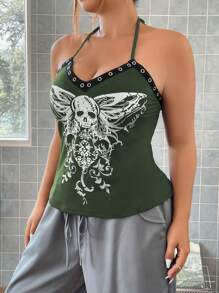SHEIN ICON Plus Skull Print Grommet Detail Halter Top - Green - View 7