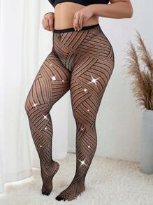 Plus Rhinestone Detail Hollow Out Tights Without Panty