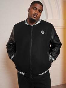 Manfinity Homme Men Plus Letter Patched Striped Trim Bomber Jacket - Black - View 4