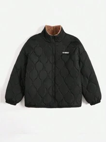 SHEIN EZwear 加大码字母图案落肩拉链泰迪熊衬里绗缝加厚外套 - 黑色 - 查看 3