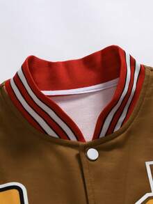 Manfinity 男士寬鬆版型大學外套,口號圖形和條紋飾邊 - 棕色 - 查看 3