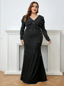 SHEIN Belle 大碼珍珠串珠魚尾裙下擺正式洋裝 - 黑色 - 查看 1