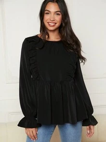 SHEIN Maternity Ruffle Trim Flounce Sleeve Peplum Nursing Top - Black - View 3