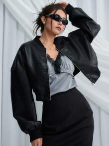 DAZY Thả vai Dây kéo Mùa vụ Áo khoác bomber - màu đen - Xem 2