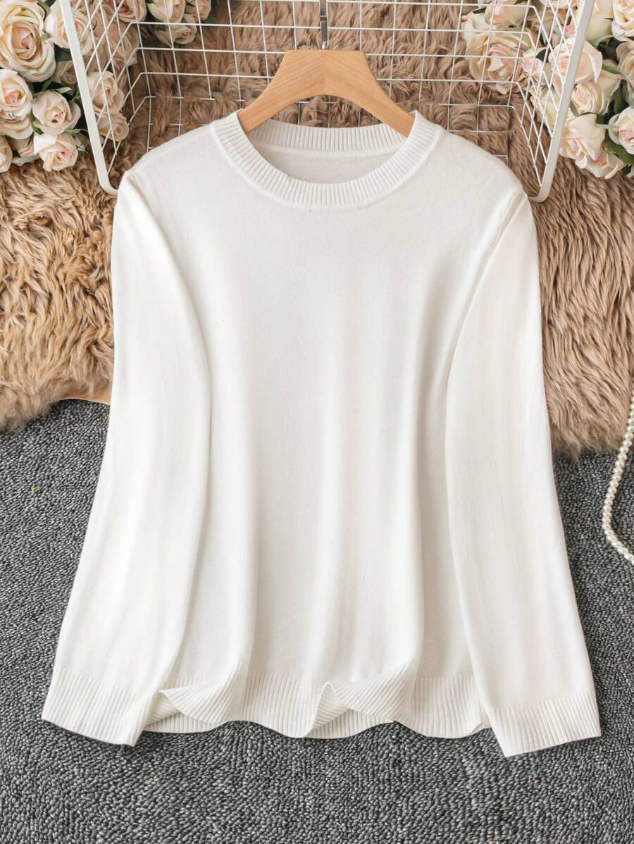 SHEIN Clasi 大碼素色圓領套頭毛衣 - 米色 - 查看 1