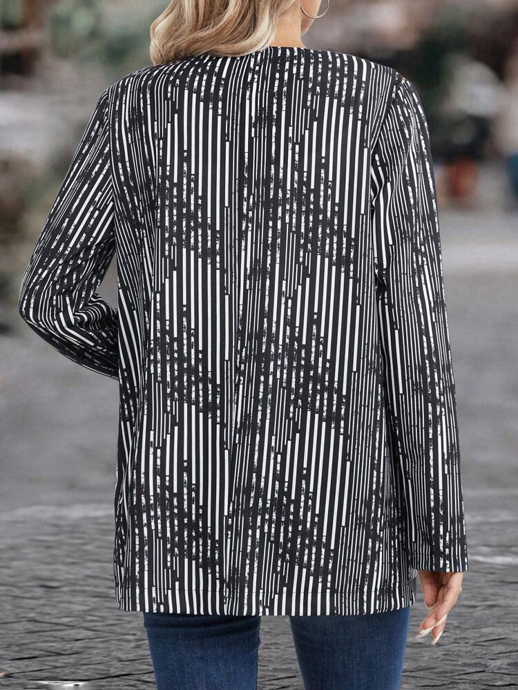 Striped Print Open Front Coat Fall Cloth For Women