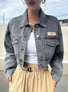 DAZY Chi tiết Patched thư Thả vai Áo khoác denim - Màu Xám nhạt - Xem 2