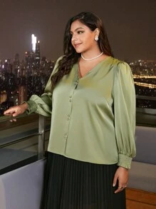 SHEIN Frenchy 大碼燈籠袖前紐扣緞面襯衫 - 綠色 - 查看 3