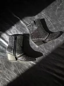 New Arrival Pointed Toe Fashion Women's Short Boots, Black Rhinestone Inlay Style With 3d Shiny Rhinestone, Zipper Closure - Black - View 5