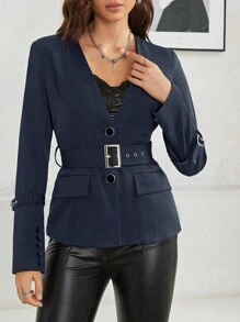 SHEINNeu Solid Button Front Belted Blazer