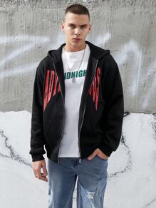 Manfinity Hypemode Men's Loose Fit Letter Print Zipper Closure Hoodie With Drop Shoulder Design - Black - View 3