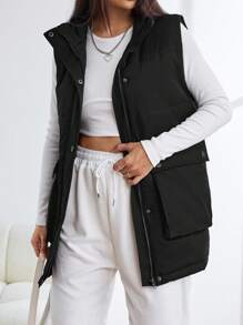 SHEIN EZwear 翻蓋口袋羽絨背心大衣 - 黑色 - 查看 3