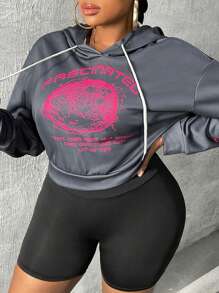 Slaydiva Plus Slogan Graphic Drop Shoulder Drawstring Hoodie - Dark Grey - View 3