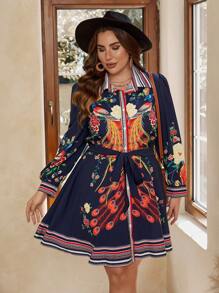 SHEIN VCAY Hơn In hoa Thắt lưng Váy sơ mi - Nhiều màu - Xem 1