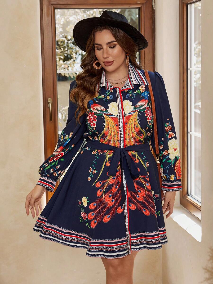 SHEIN VCAY Hơn In hoa Thắt lưng Váy sơ mi - Nhiều màu - Xem 1