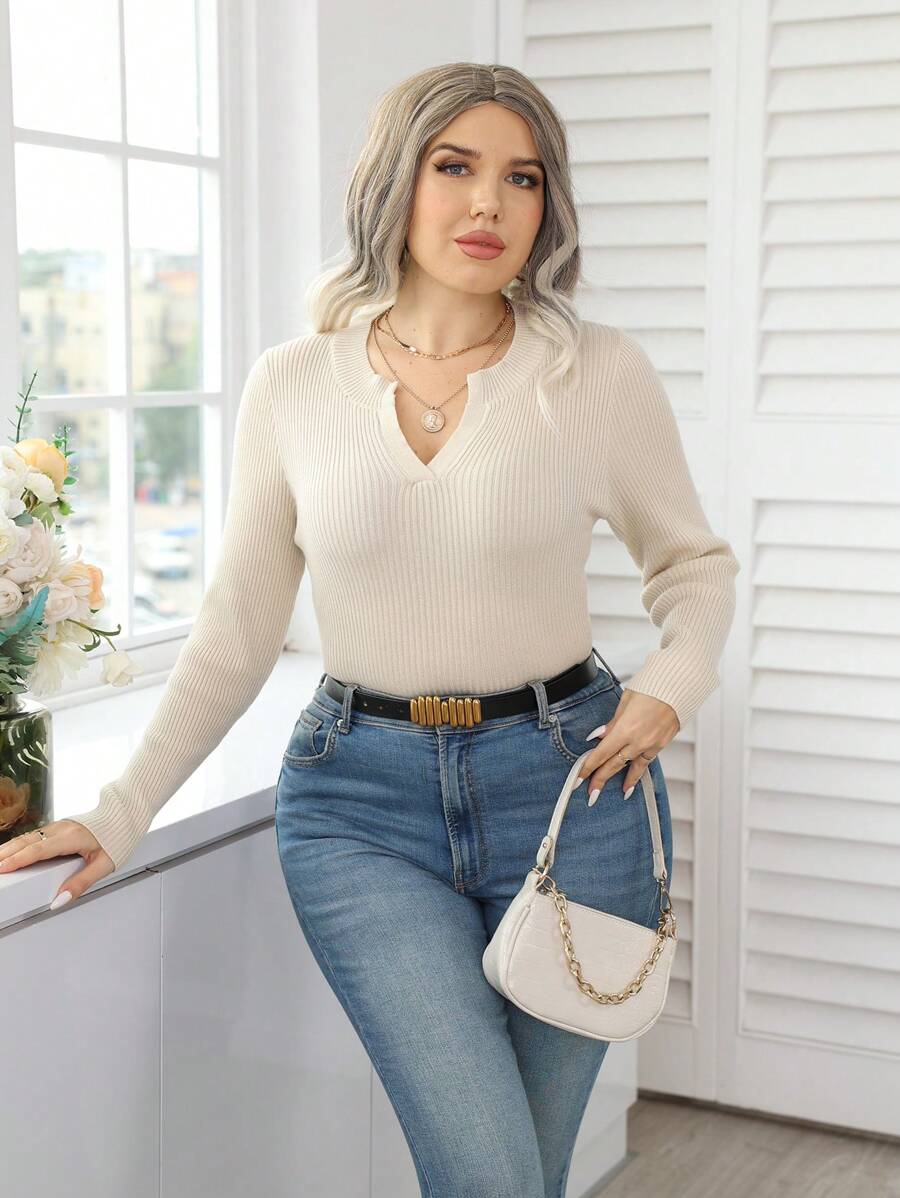 Calvaya Talla grande Jersey de cuello notch tejido de canalé