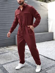 Manfinity Homme Nam Túi có nắp Eo dây rút Áo liền quần - Màu Đỏ Sâu - Xem 8