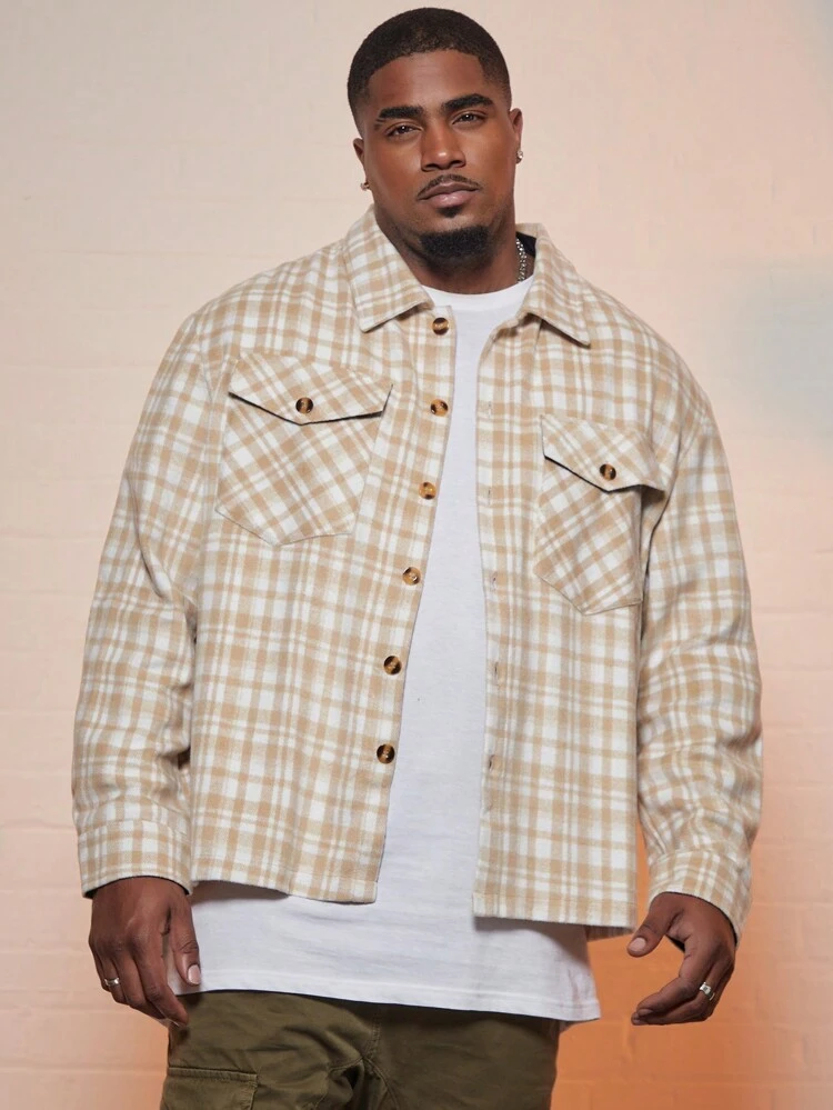 Men Plus Plaid Print Flap Pocket Shacket