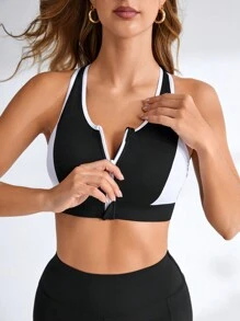 Yoga Futuristic Sujetador deportivo de dos tonos unido en contraste cremallera - Negro - Ver 4