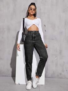 SHEIN EZwear 高腰媽媽牛仔褲 - 深灰色 - 查看 5